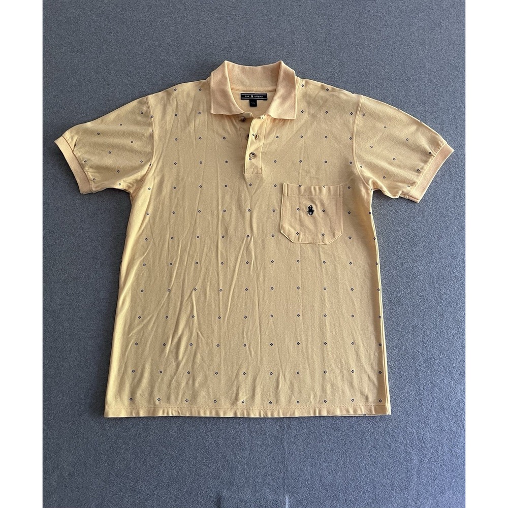 Men's Polo Shirt Large Urban Butter Yellow White Polka Dot Blue Diamond
